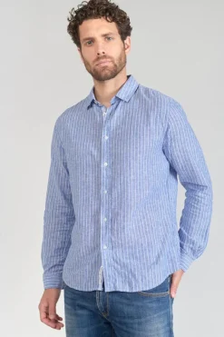 Le Temps des Cerises Chemise Bolko En Lin Melange Bleu Ciel-Homme Chemises