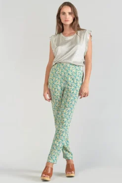 Le Temps des Cerises Pantalon Rani A Motif Fleuri Vert Et Bleu-Femme Pantalons & Chinos