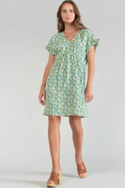 Le Temps des Cerises Robe Tate A Motif Fleuri Vert Et Bleu-Femme Robes