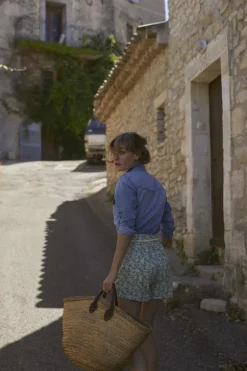 Le Temps des Cerises Short Lamet A Motif Fleuri Vert Et Bleu-Femme Shorts & Jupes