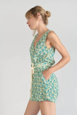 Le Temps des Cerises Short Lamet A Motif Fleuri Vert Et Bleu-Femme Shorts & Jupes