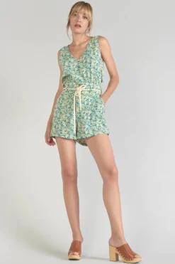 Le Temps des Cerises Short Lamet A Motif Fleuri Vert Et Bleu-Femme Shorts & Jupes