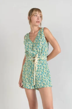 Le Temps des Cerises Short Lamet A Motif Fleuri Vert Et Bleu-Femme Shorts & Jupes